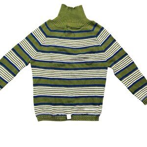 Vintage 1940s-1950s 3/4 Sleeve Multi-Color Green Stripe Knit Turtleneck Sweater